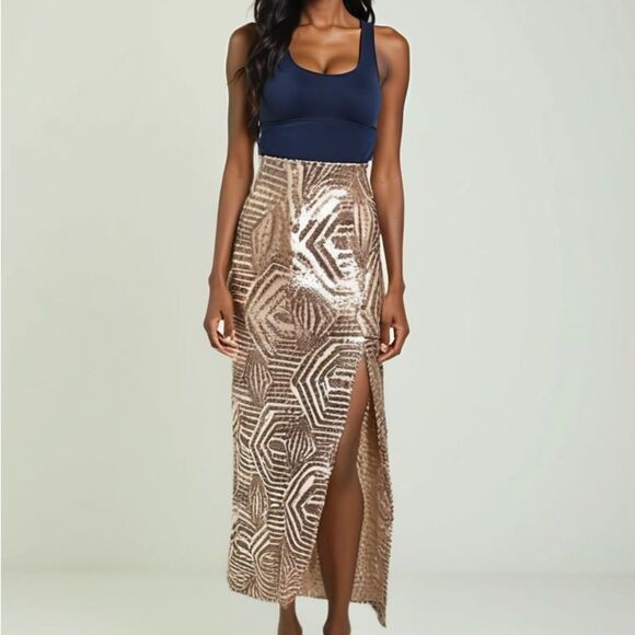 NWT‎ Gianni Bini Rose Gold Sequin Front Slit Maxi Skirt - XS - Picture 1 of 10